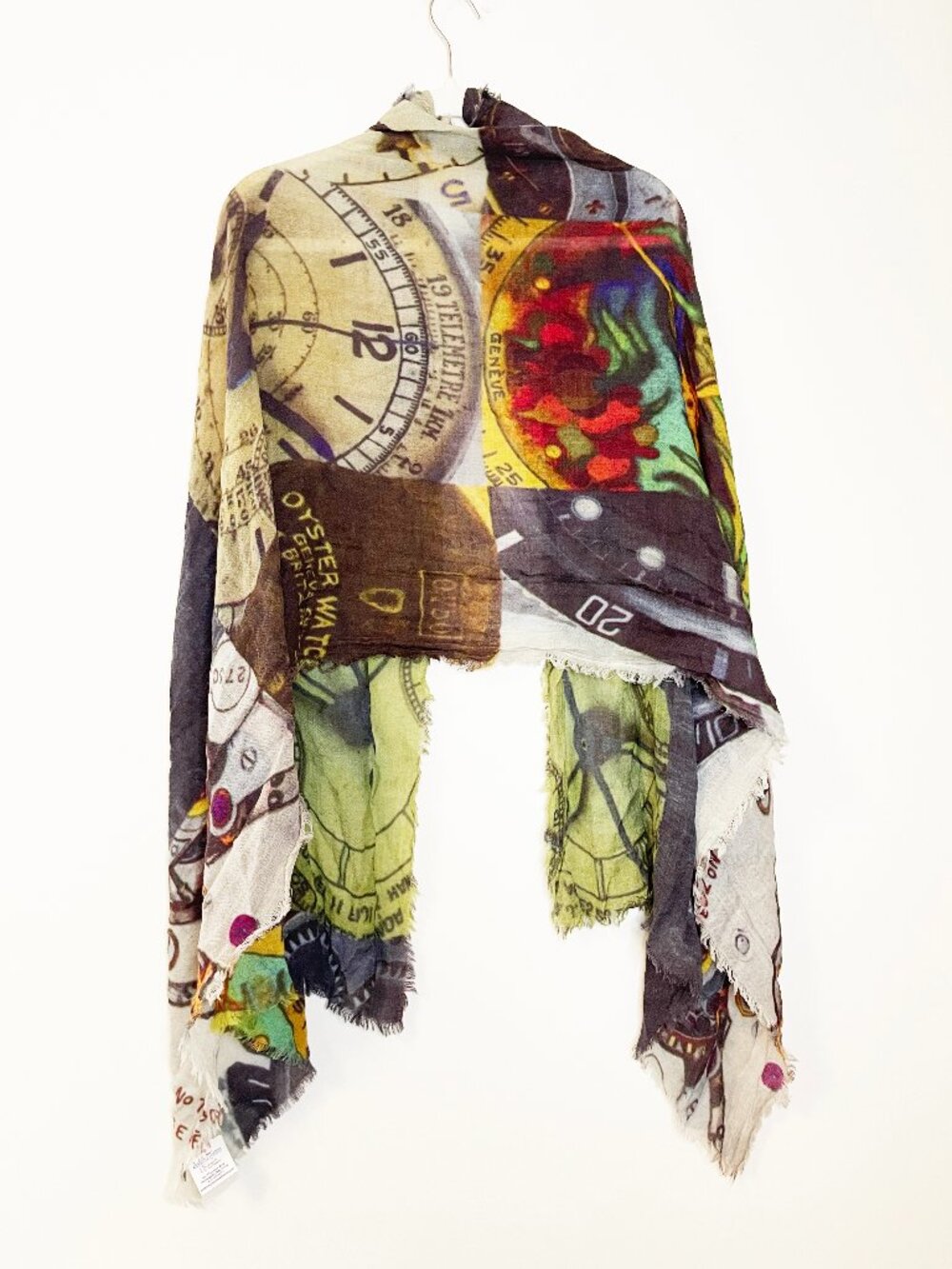 Wearable Art Wool Blend Clock Scarf Watch Print Fringe Wrap Shawl NWT GIft